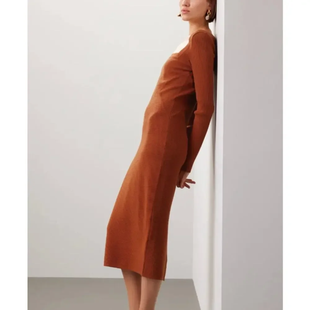 Toccin Rust Brown Midi Ribbed Knit Dress SMALL Career Bodycon Work Designer $325 - Picture 4 of 14